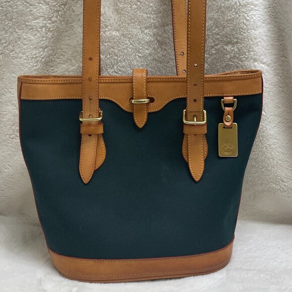 Vintage Dooney & Bourke Tote Bucket Bag Hunter Green Canvas Tan Leather - Picture 1 of 16